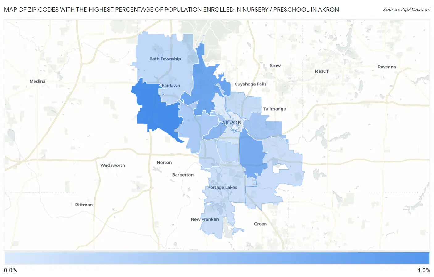 Zip Codes with the Highest Percentage of Population Enrolled in Nursery / Preschool in Akron Map