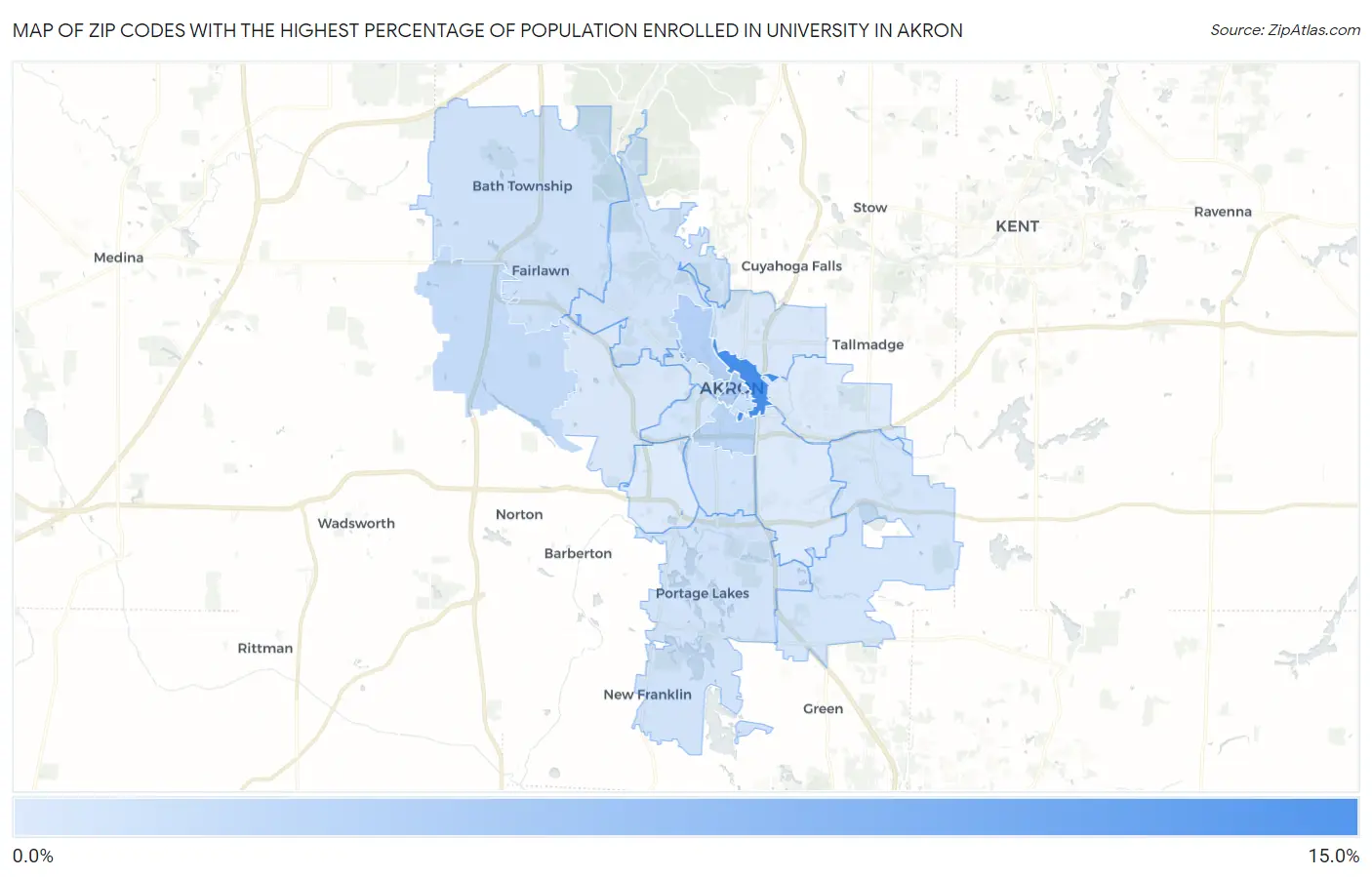 Zip Codes with the Highest Percentage of Population Enrolled in University in Akron Map