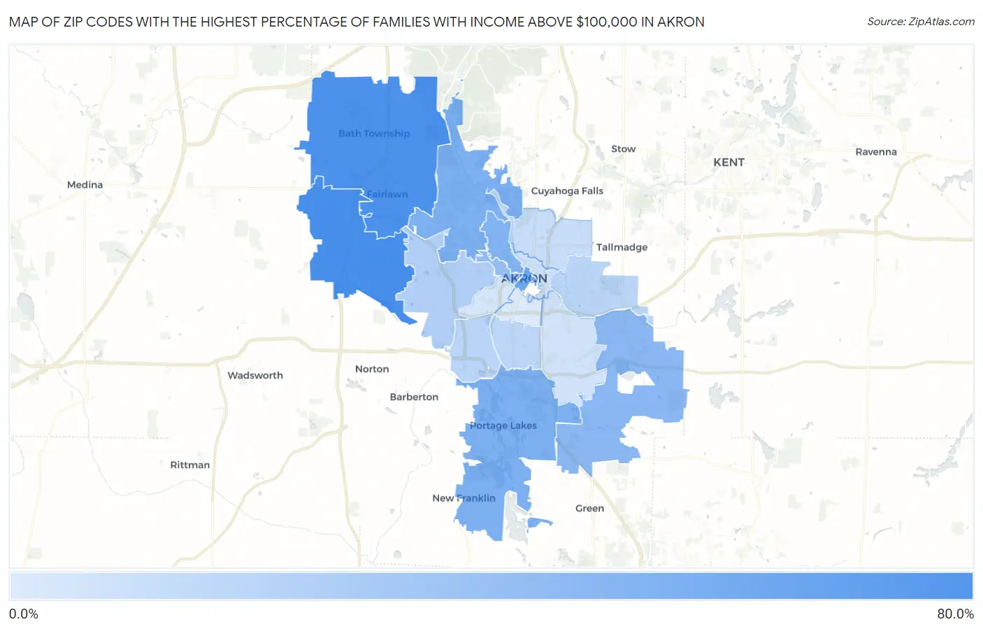 Zip Codes with the Highest Percentage of Families with Income Above $100,000 in Akron Map
