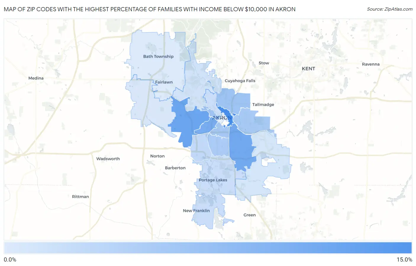 Zip Codes with the Highest Percentage of Families with Income Below $10,000 in Akron Map