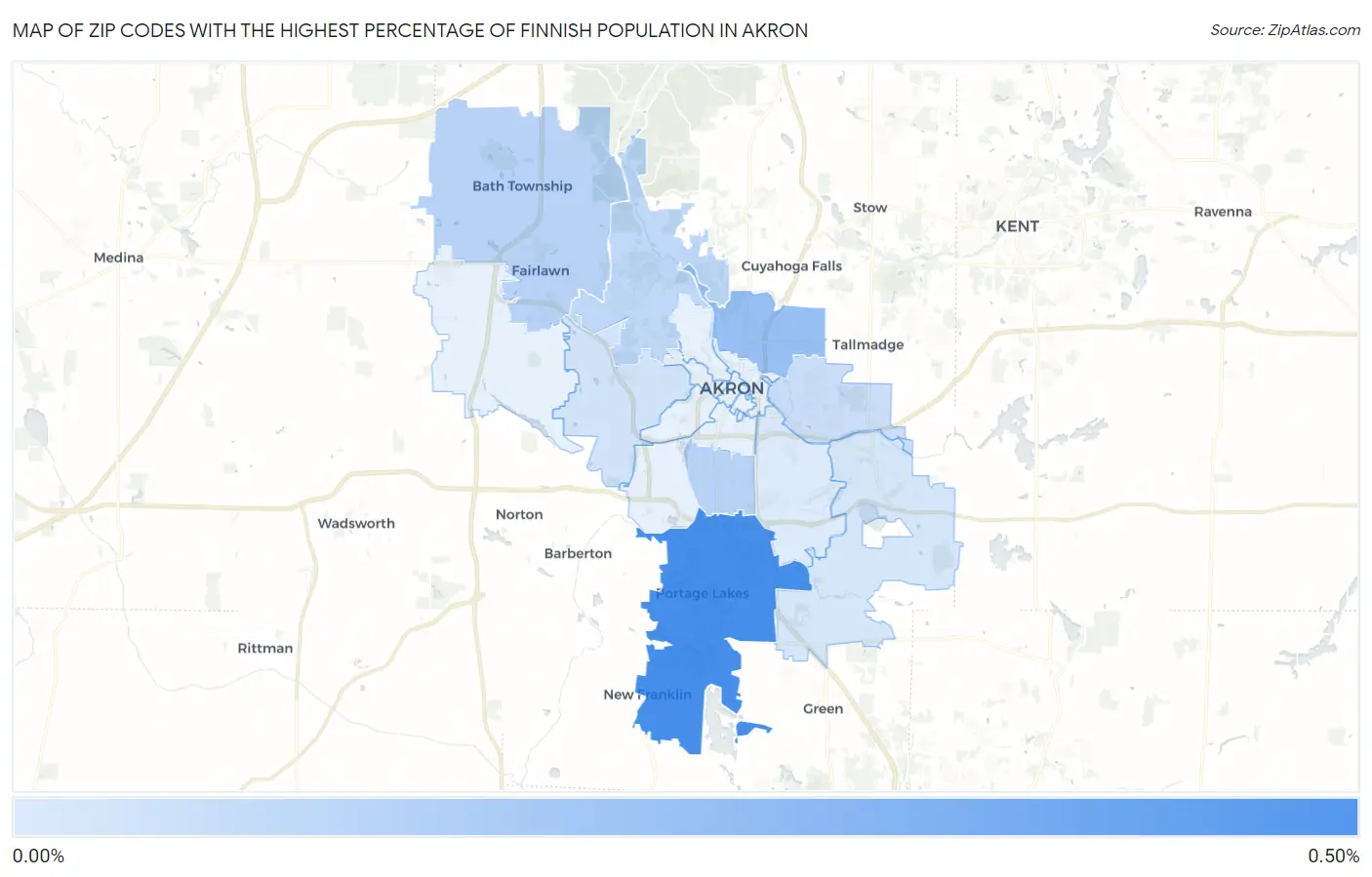 Zip Codes with the Highest Percentage of Finnish Population in Akron Map