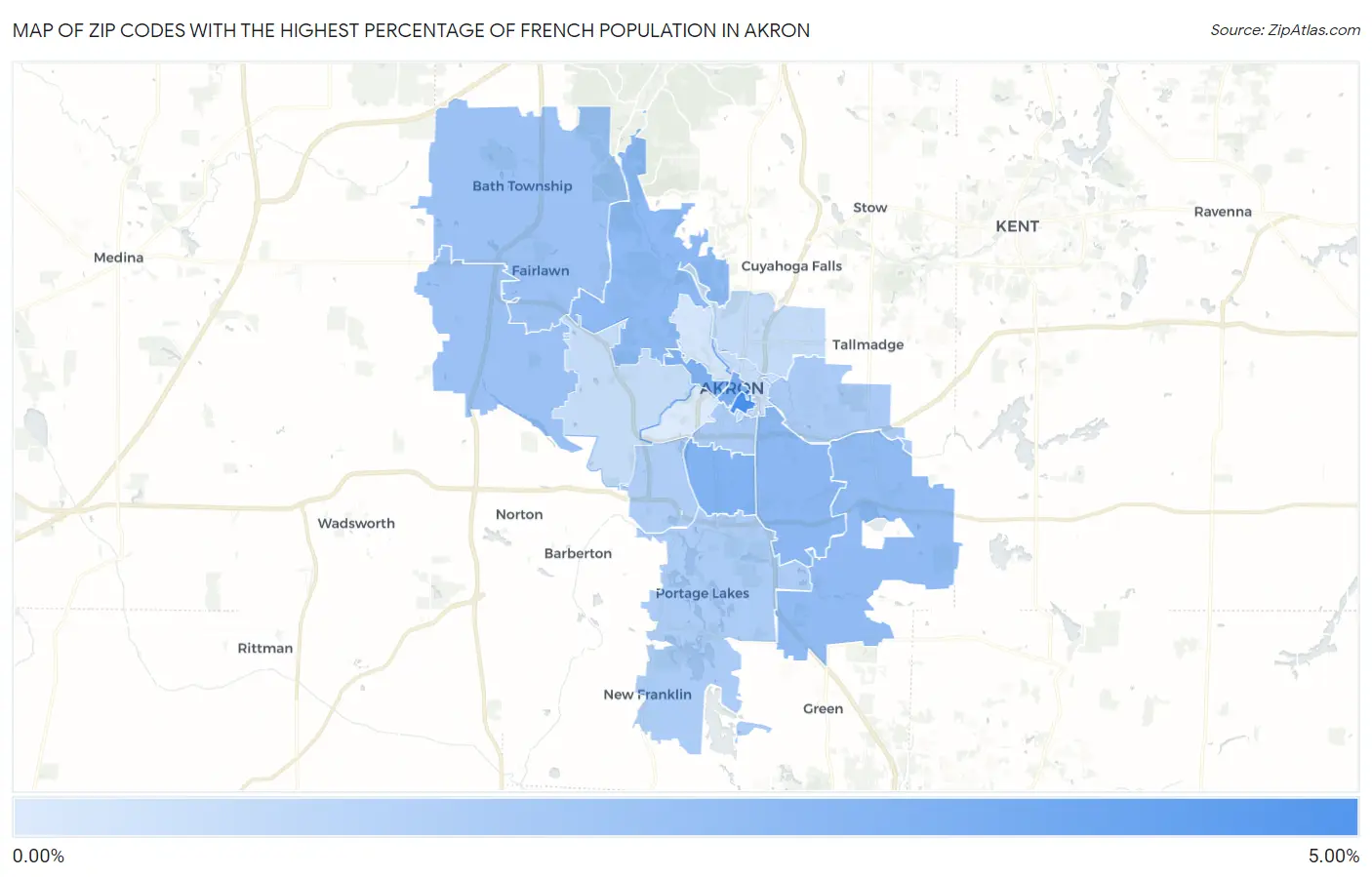 Zip Codes with the Highest Percentage of French Population in Akron Map
