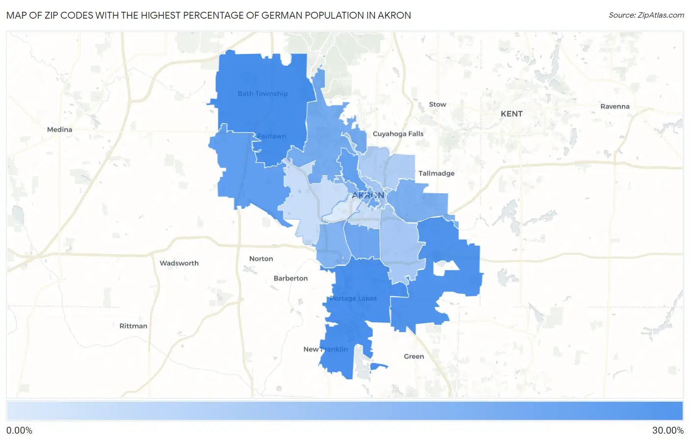Zip Codes with the Highest Percentage of German Population in Akron Map