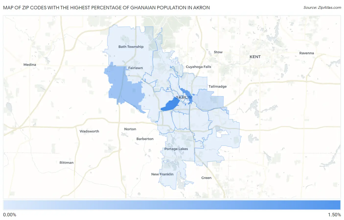 Zip Codes with the Highest Percentage of Ghanaian Population in Akron Map