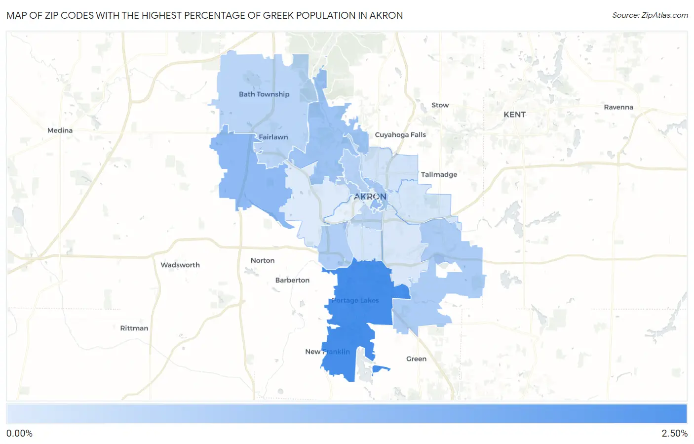 Zip Codes with the Highest Percentage of Greek Population in Akron Map