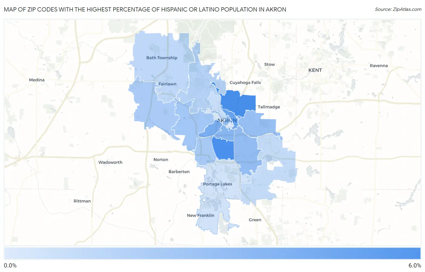 Zip Codes with the Highest Percentage of Hispanic or Latino Population in Akron Map