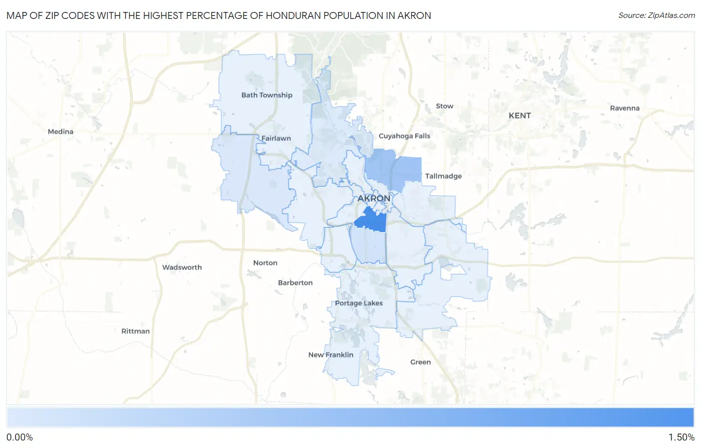 Zip Codes with the Highest Percentage of Honduran Population in Akron Map