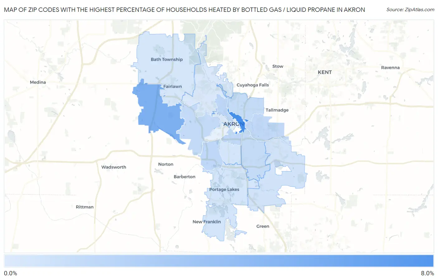 Zip Codes with the Highest Percentage of Households Heated by Bottled Gas / Liquid Propane in Akron Map