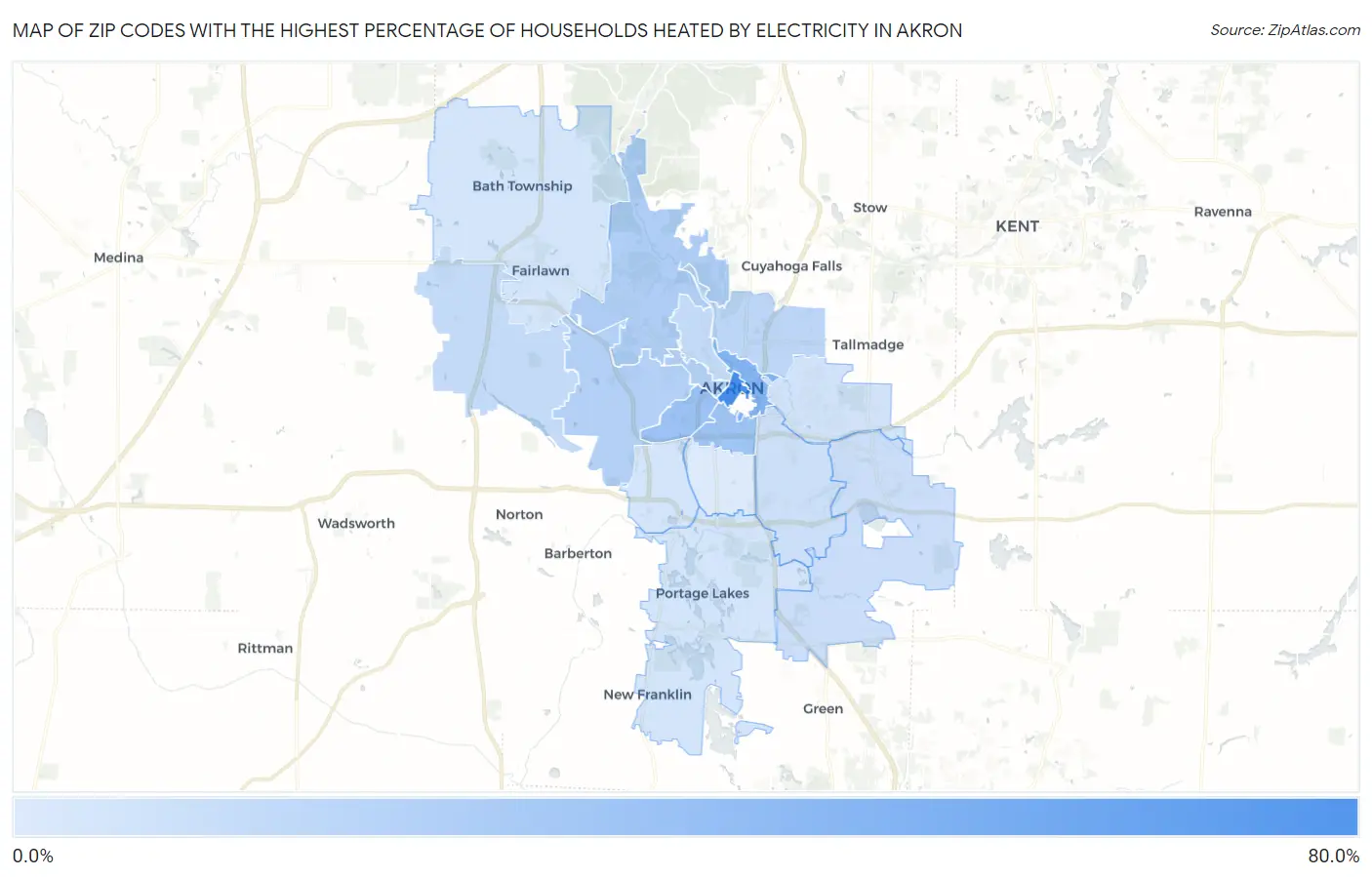 Zip Codes with the Highest Percentage of Households Heated by Electricity in Akron Map