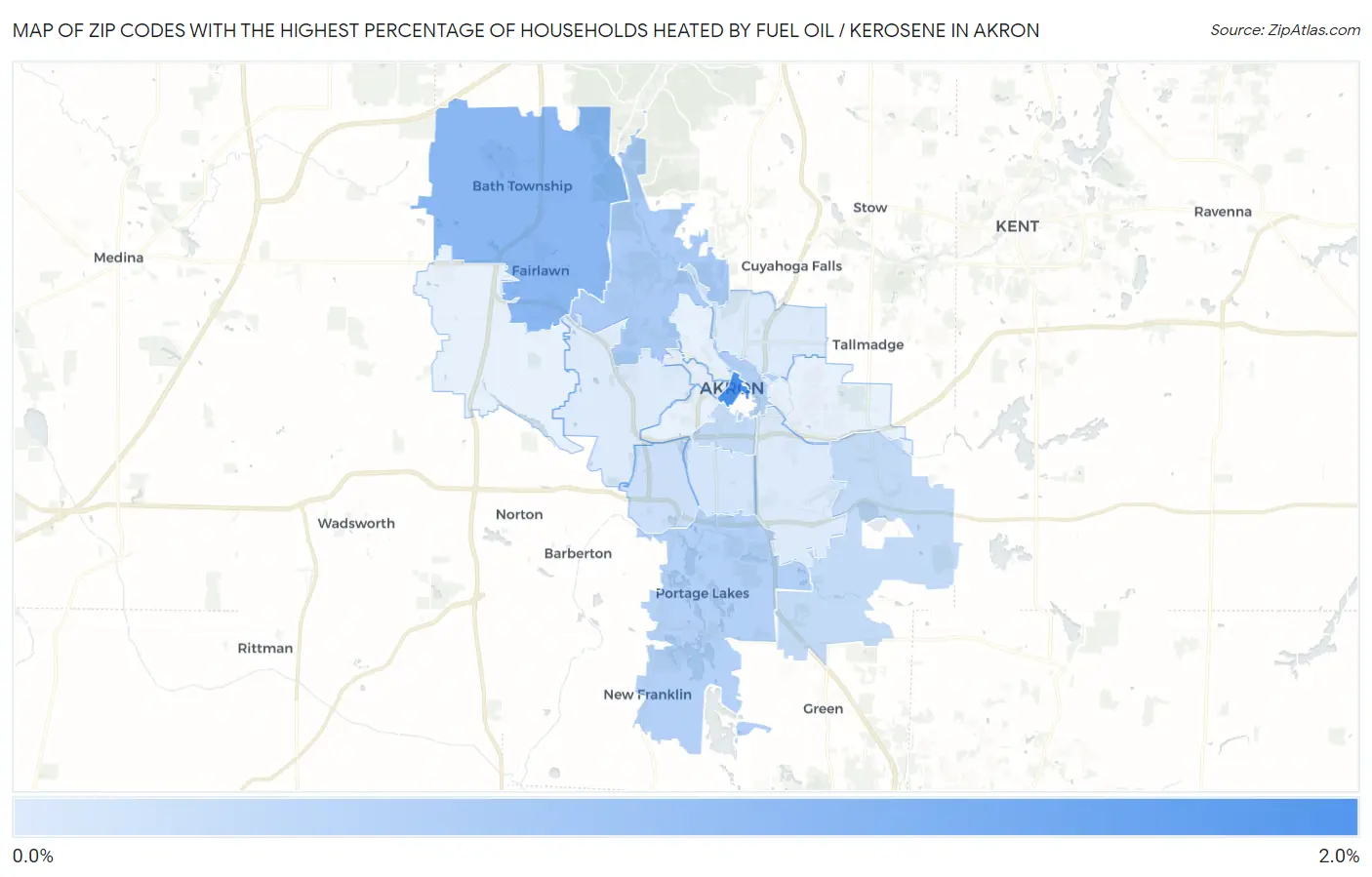 Zip Codes with the Highest Percentage of Households Heated by Fuel Oil / Kerosene in Akron Map