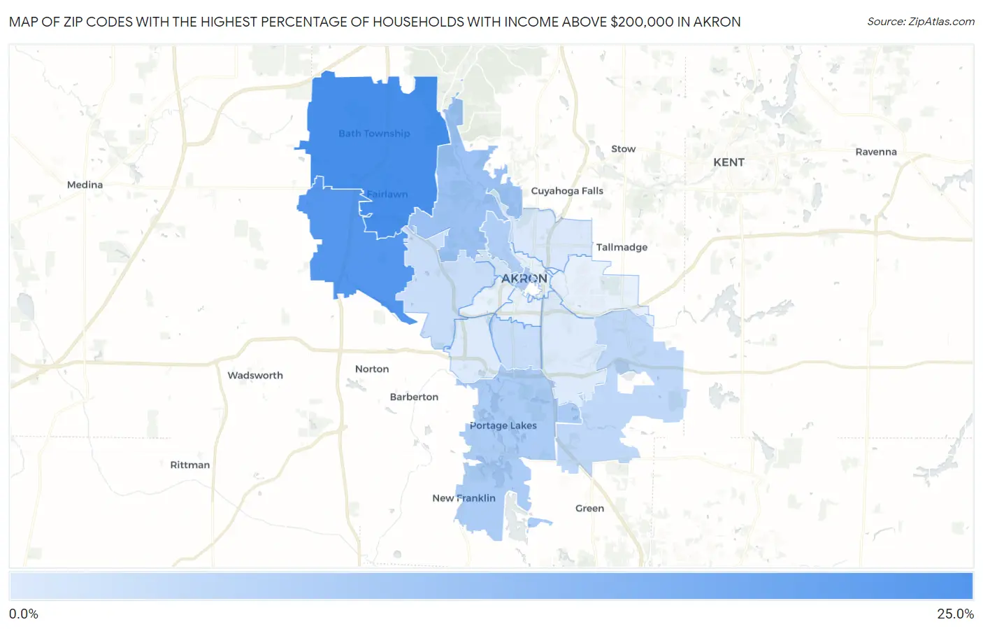 Zip Codes with the Highest Percentage of Households with Income Above $200,000 in Akron Map