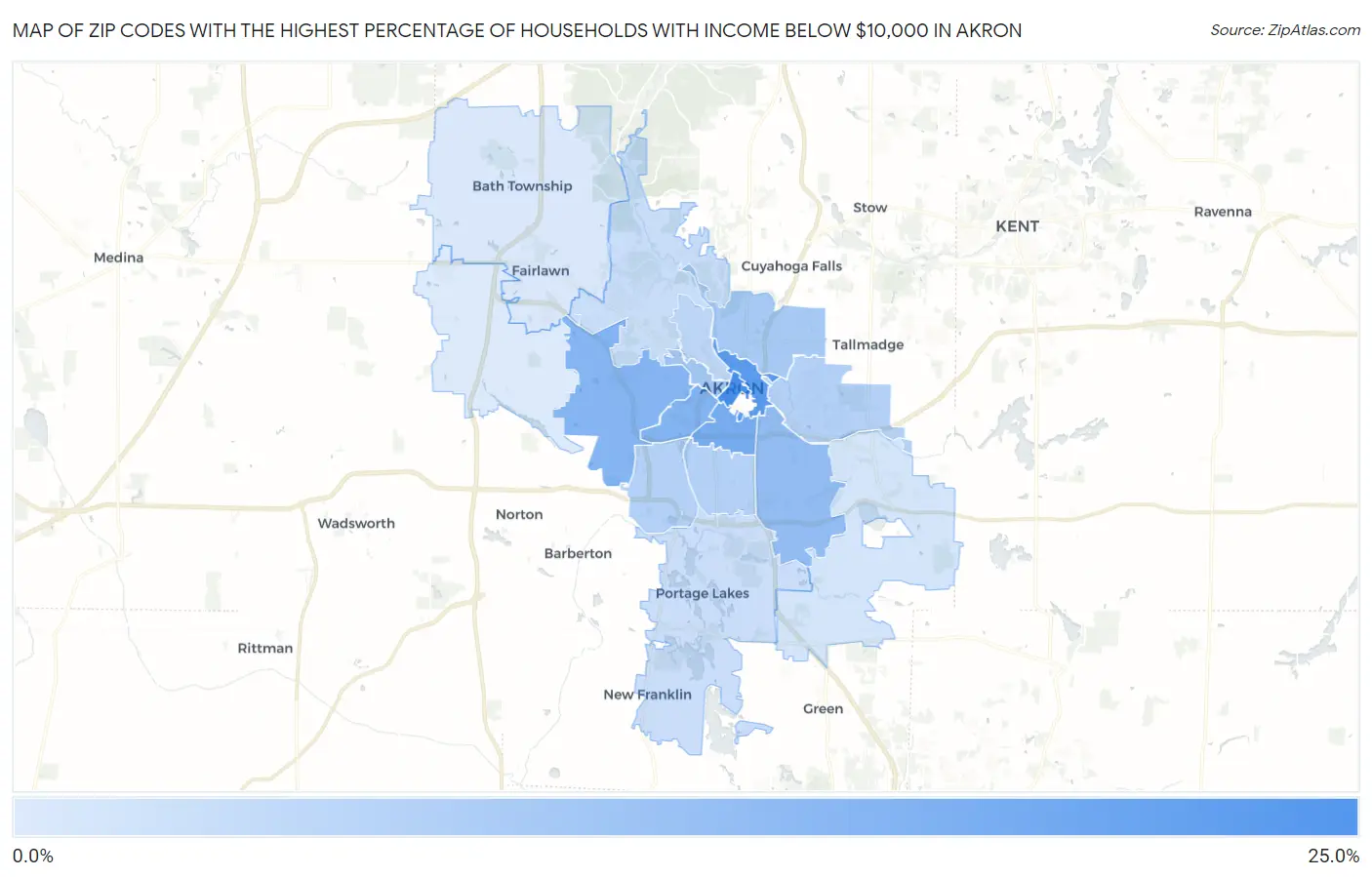 Zip Codes with the Highest Percentage of Households with Income Below $10,000 in Akron Map