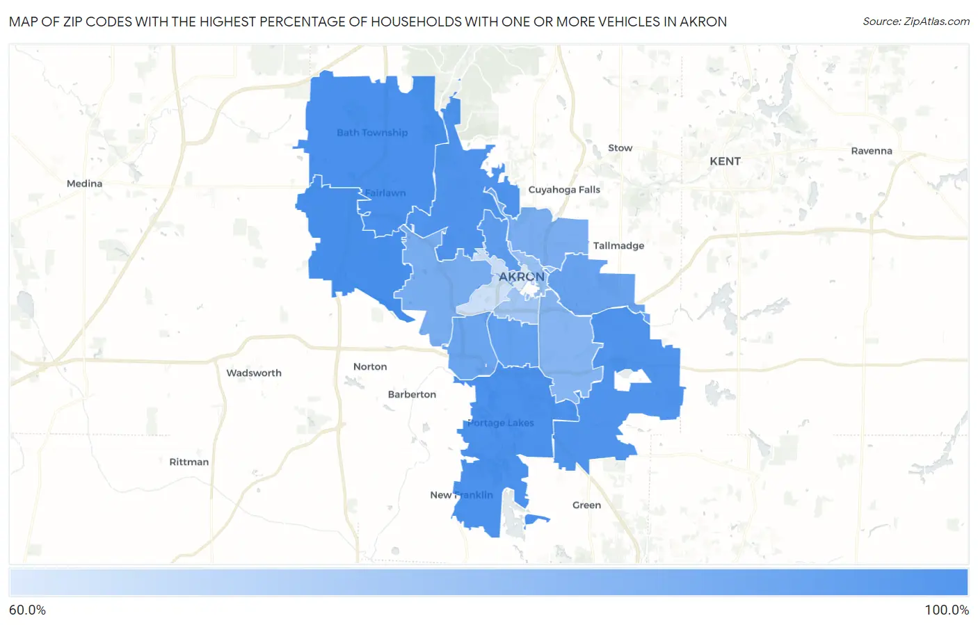 Zip Codes with the Highest Percentage of Households With One or more Vehicles in Akron Map