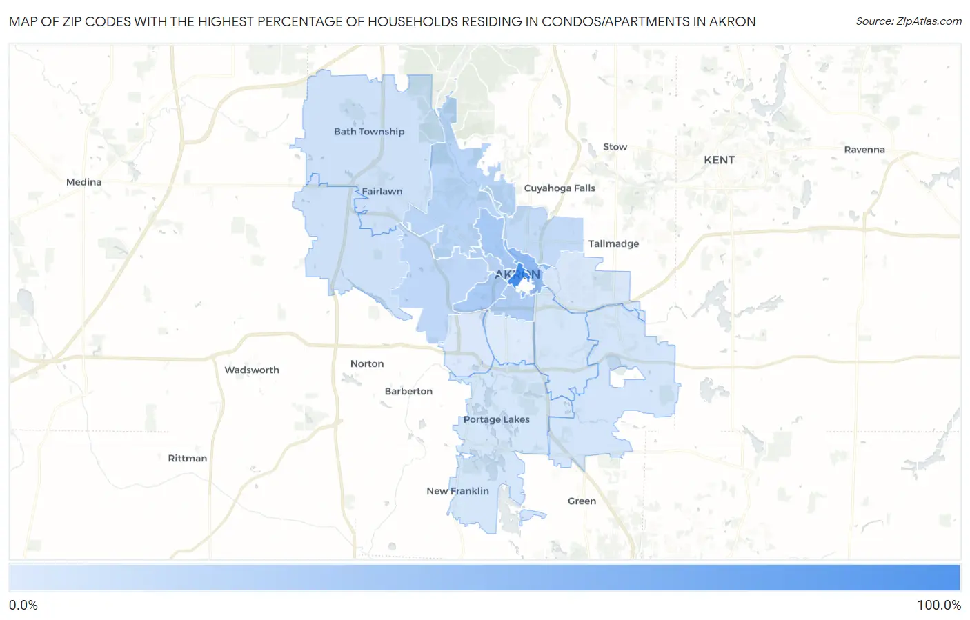 Zip Codes with the Highest Percentage of Households Residing in Condos/Apartments in Akron Map