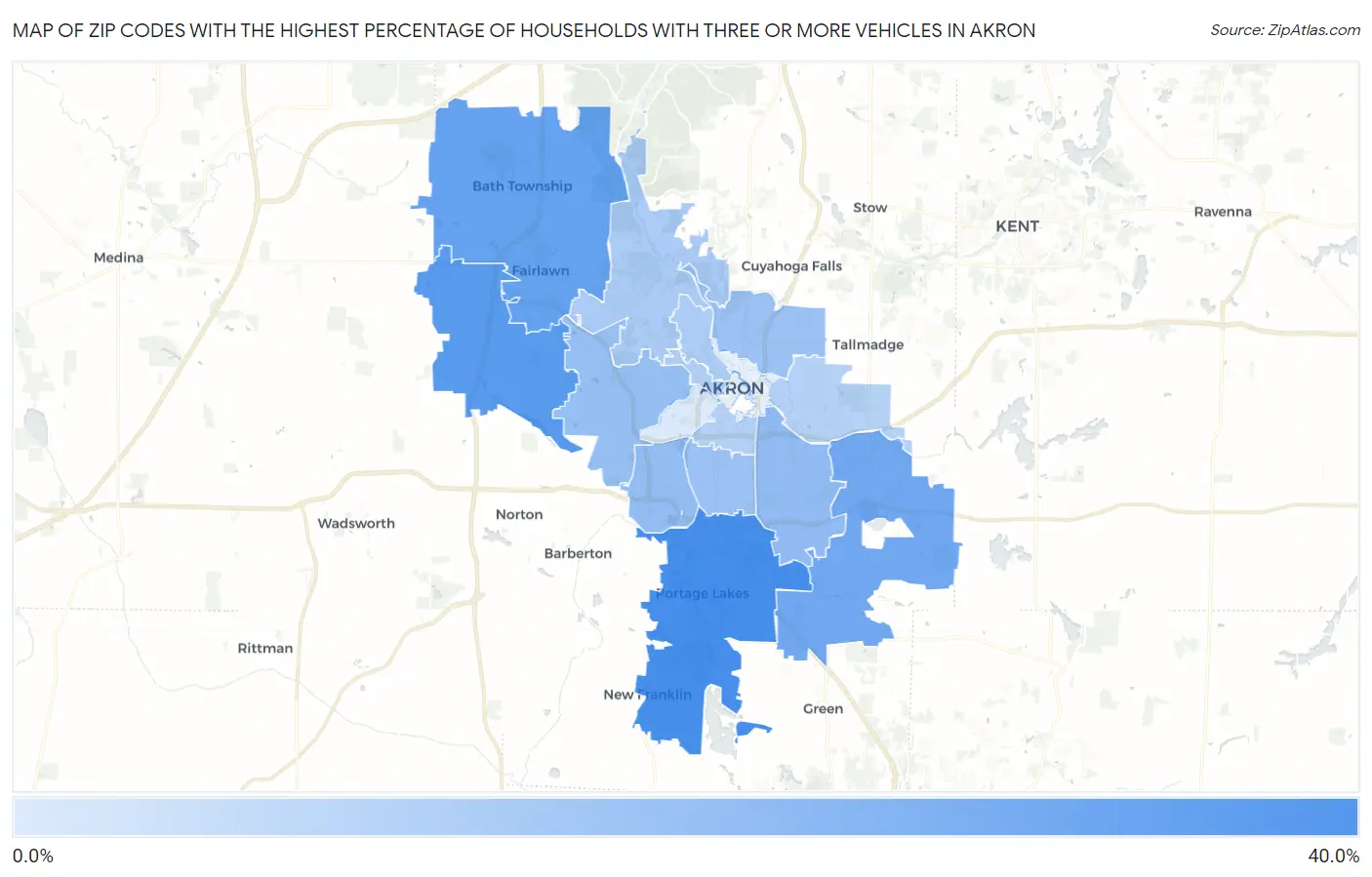 Zip Codes with the Highest Percentage of Households With Three or more Vehicles in Akron Map