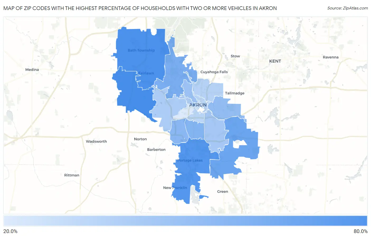 Zip Codes with the Highest Percentage of Households With Two or more Vehicles in Akron Map