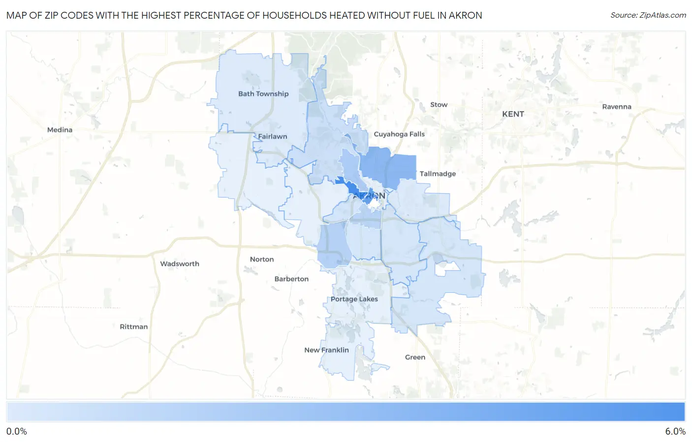 Zip Codes with the Highest Percentage of Households Heated without Fuel in Akron Map