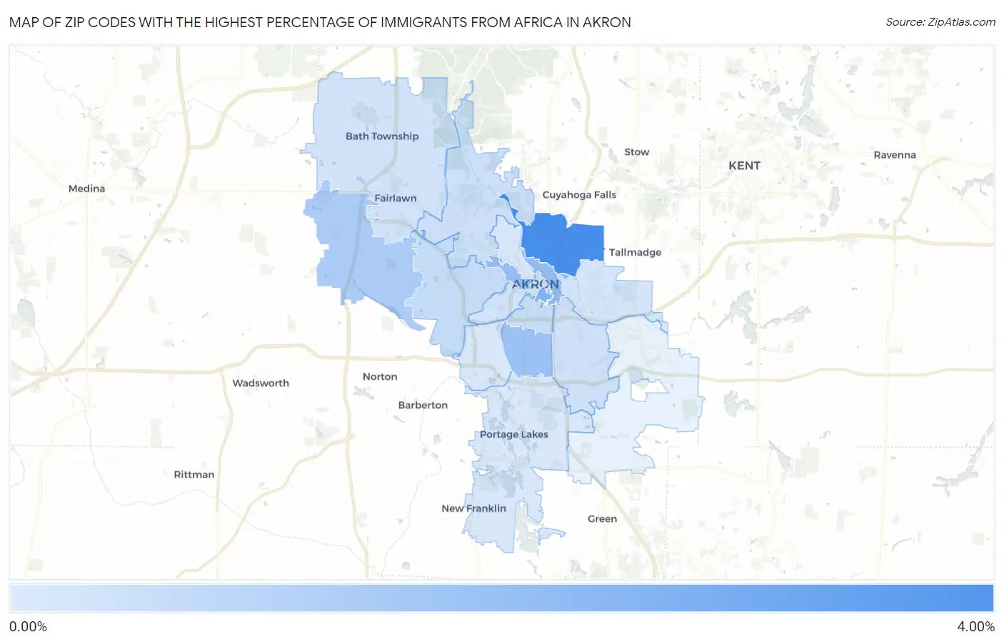 Zip Codes with the Highest Percentage of Immigrants from Africa in Akron Map
