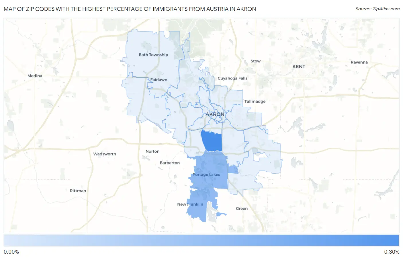 Zip Codes with the Highest Percentage of Immigrants from Austria in Akron Map
