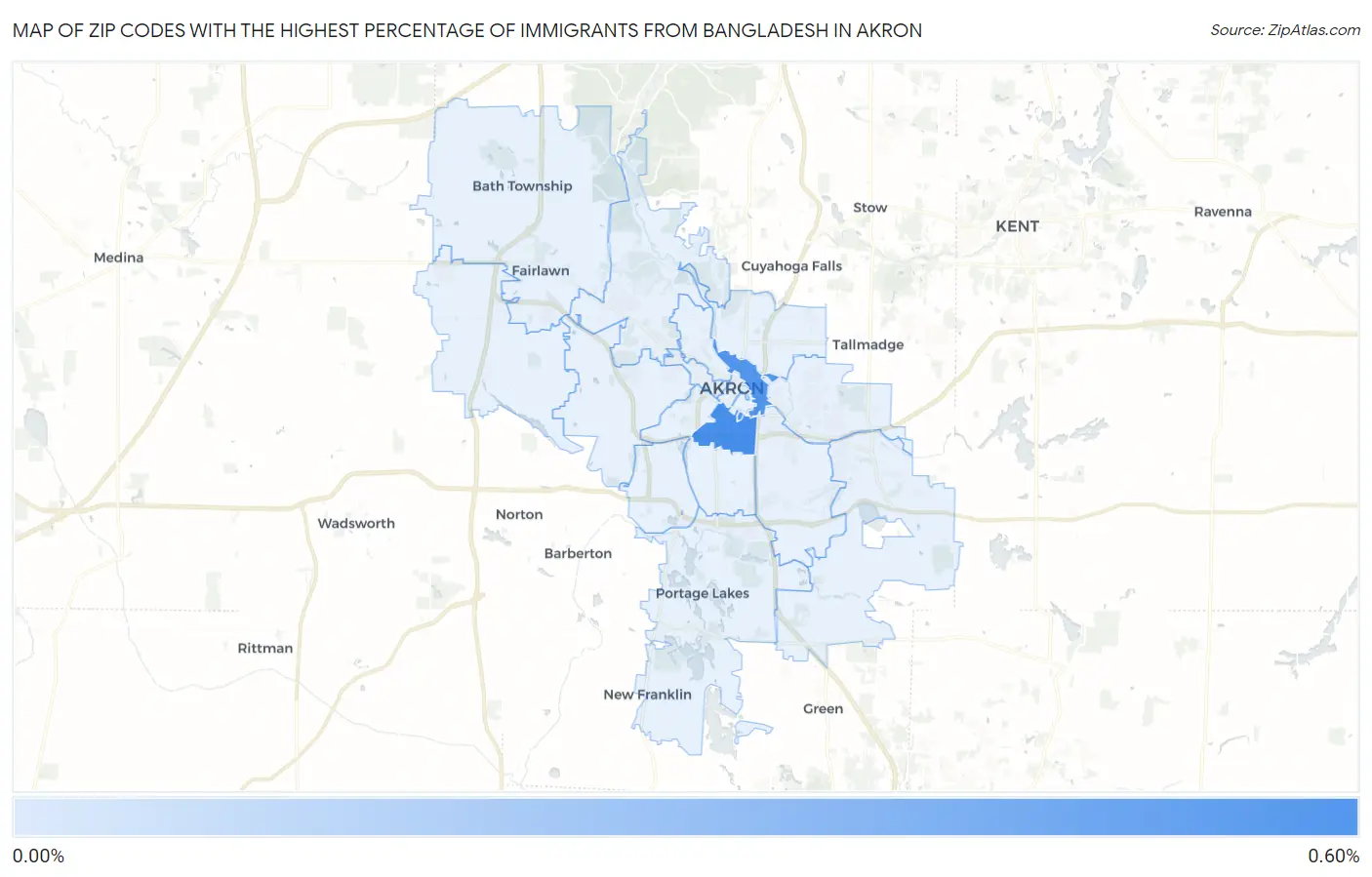 Zip Codes with the Highest Percentage of Immigrants from Bangladesh in Akron Map
