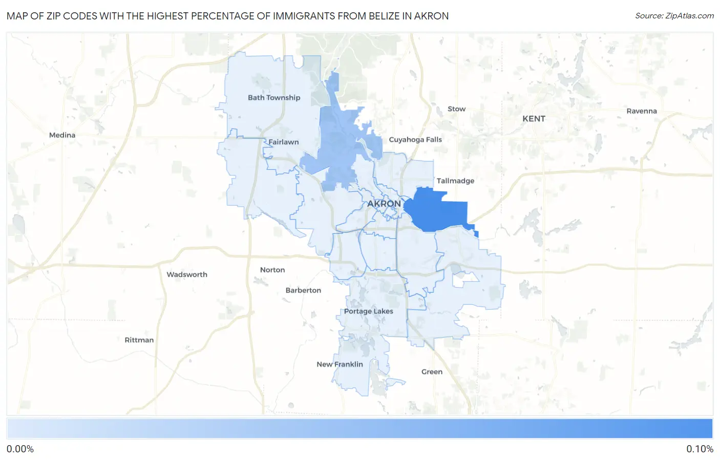 Zip Codes with the Highest Percentage of Immigrants from Belize in Akron Map