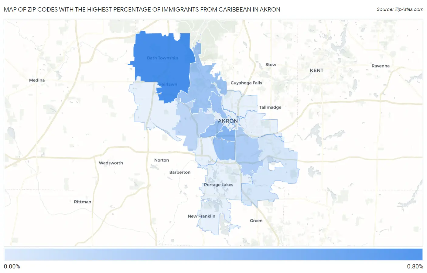 Zip Codes with the Highest Percentage of Immigrants from Caribbean in Akron Map