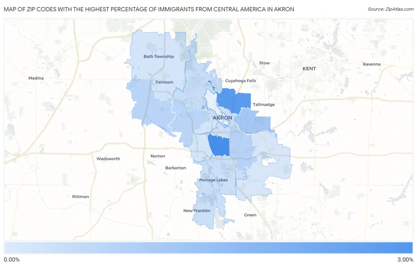 Zip Codes with the Highest Percentage of Immigrants from Central America in Akron Map
