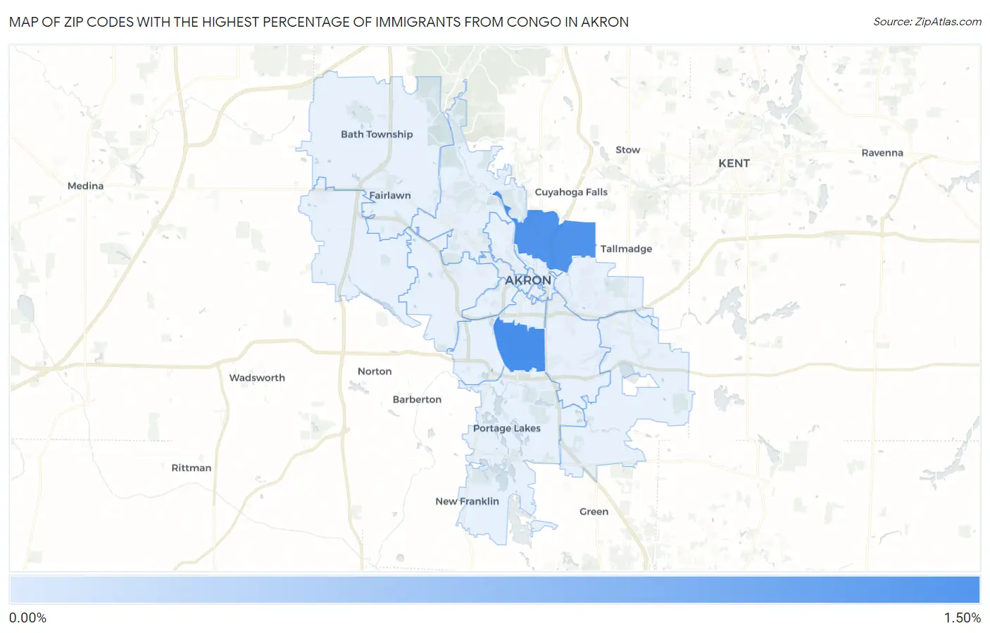 Zip Codes with the Highest Percentage of Immigrants from Congo in Akron Map