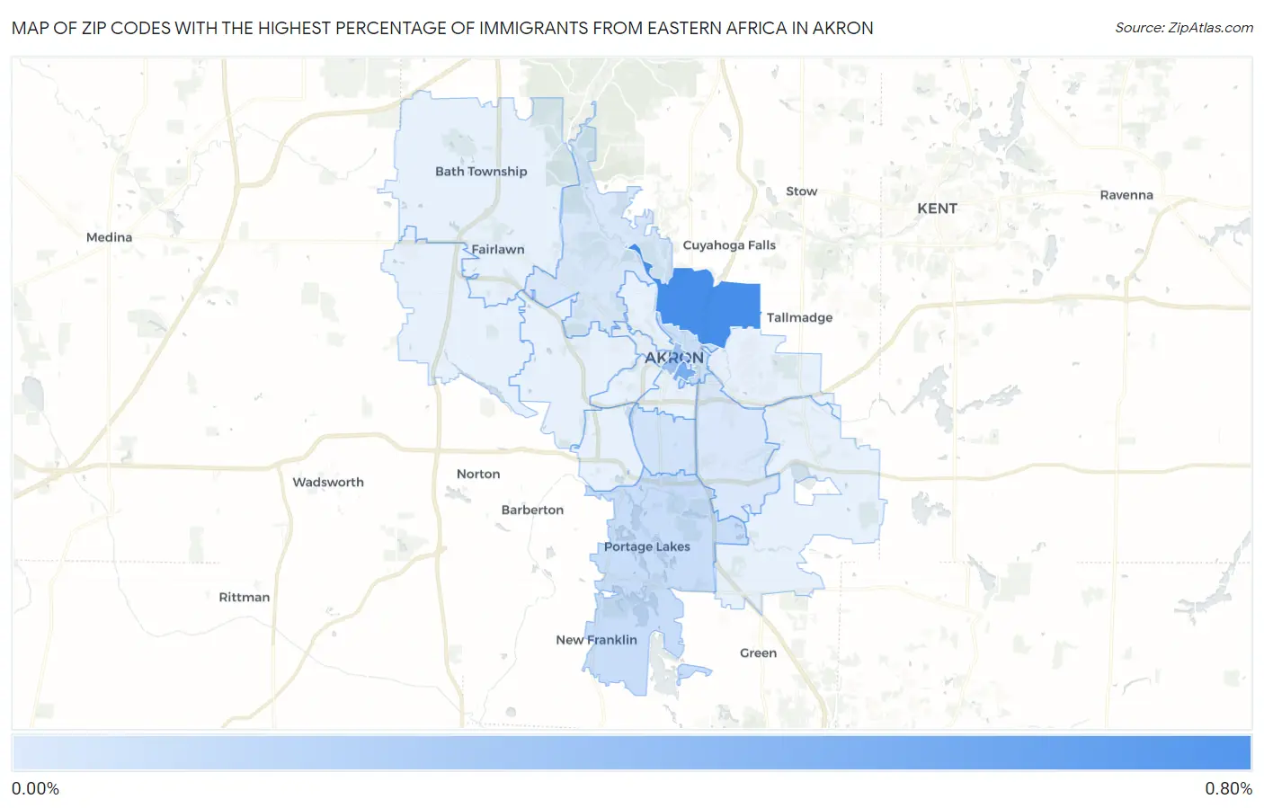 Zip Codes with the Highest Percentage of Immigrants from Eastern Africa in Akron Map