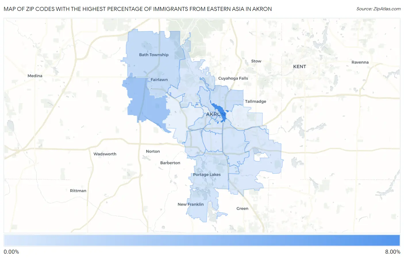 Zip Codes with the Highest Percentage of Immigrants from Eastern Asia in Akron Map