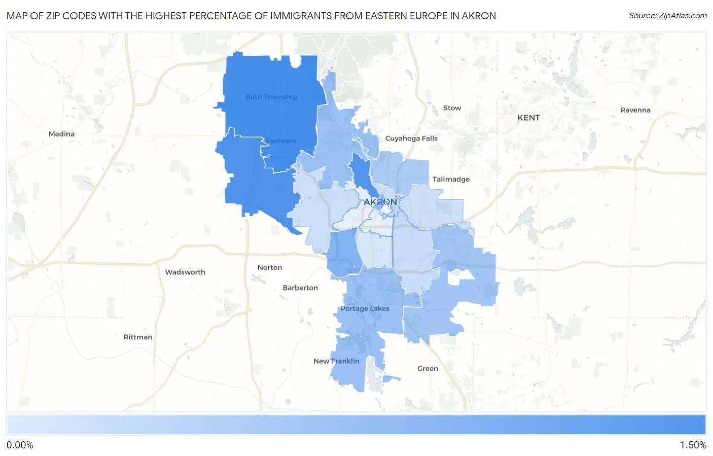 Zip Codes with the Highest Percentage of Immigrants from Eastern Europe in Akron Map