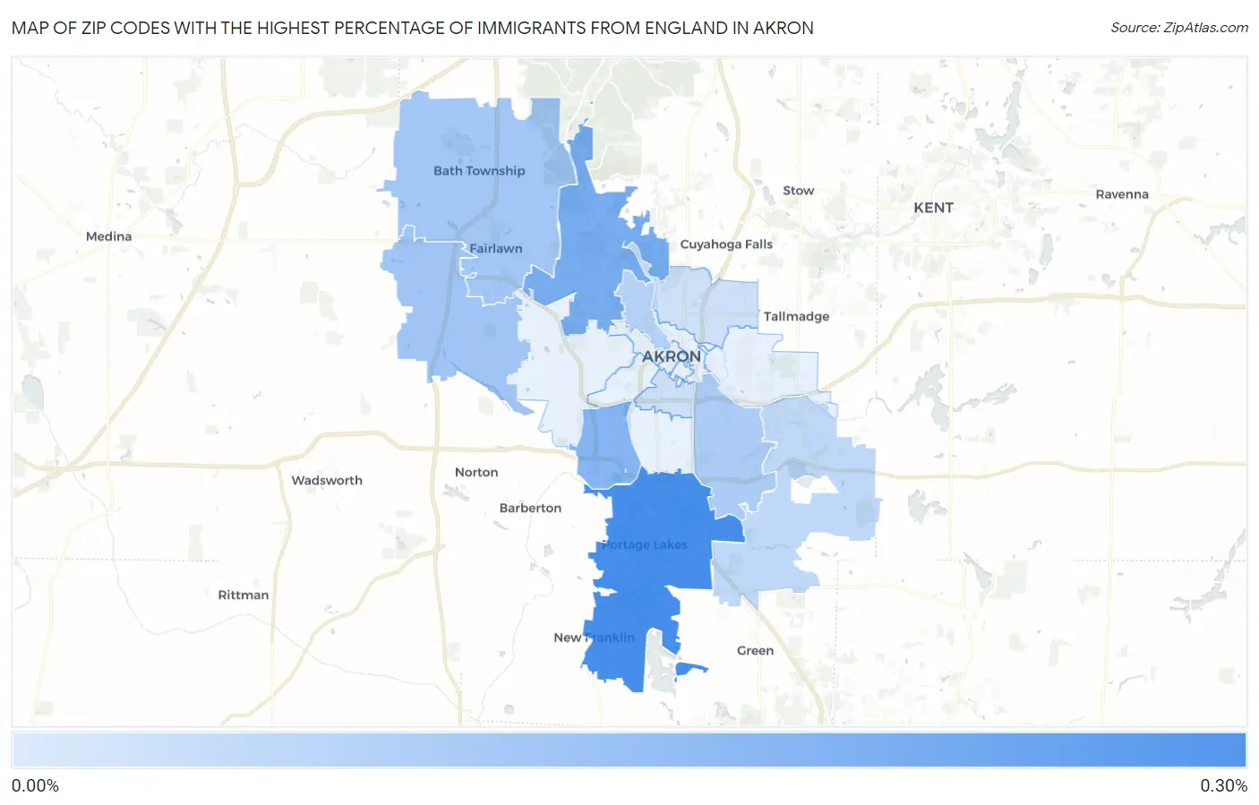 Zip Codes with the Highest Percentage of Immigrants from England in Akron Map