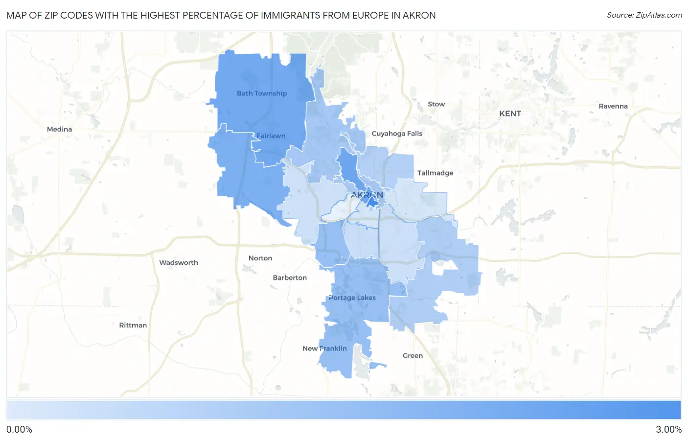 Zip Codes with the Highest Percentage of Immigrants from Europe in Akron Map