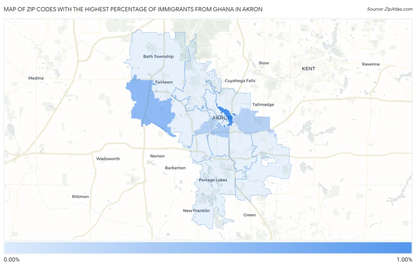 Zip Codes with the Highest Percentage of Immigrants from Ghana in Akron Map