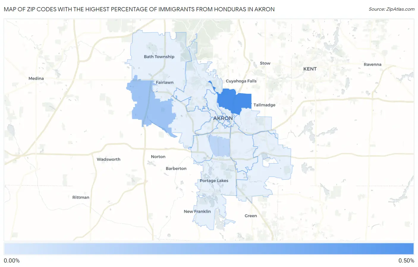 Zip Codes with the Highest Percentage of Immigrants from Honduras in Akron Map