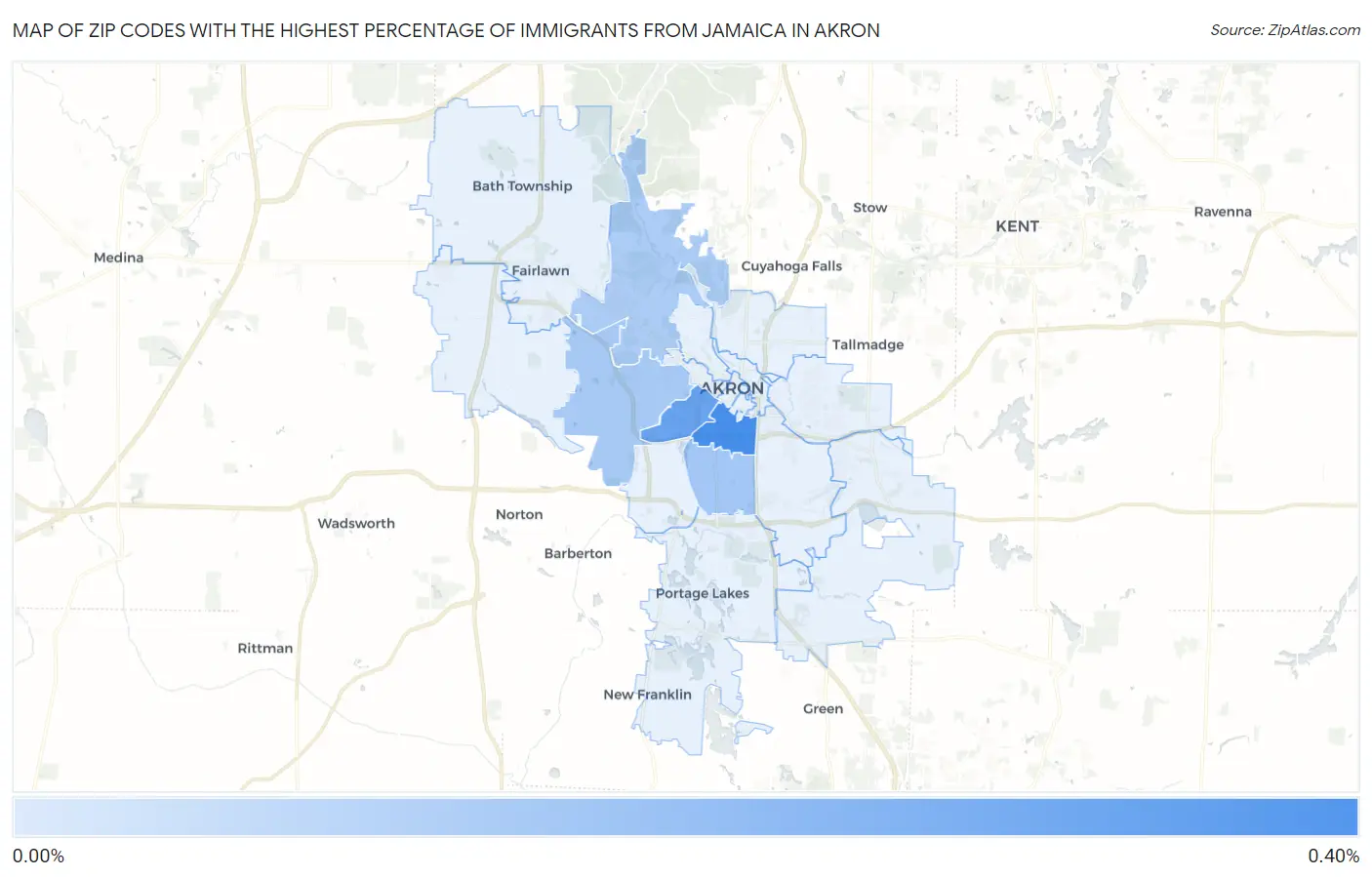 Zip Codes with the Highest Percentage of Immigrants from Jamaica in Akron Map