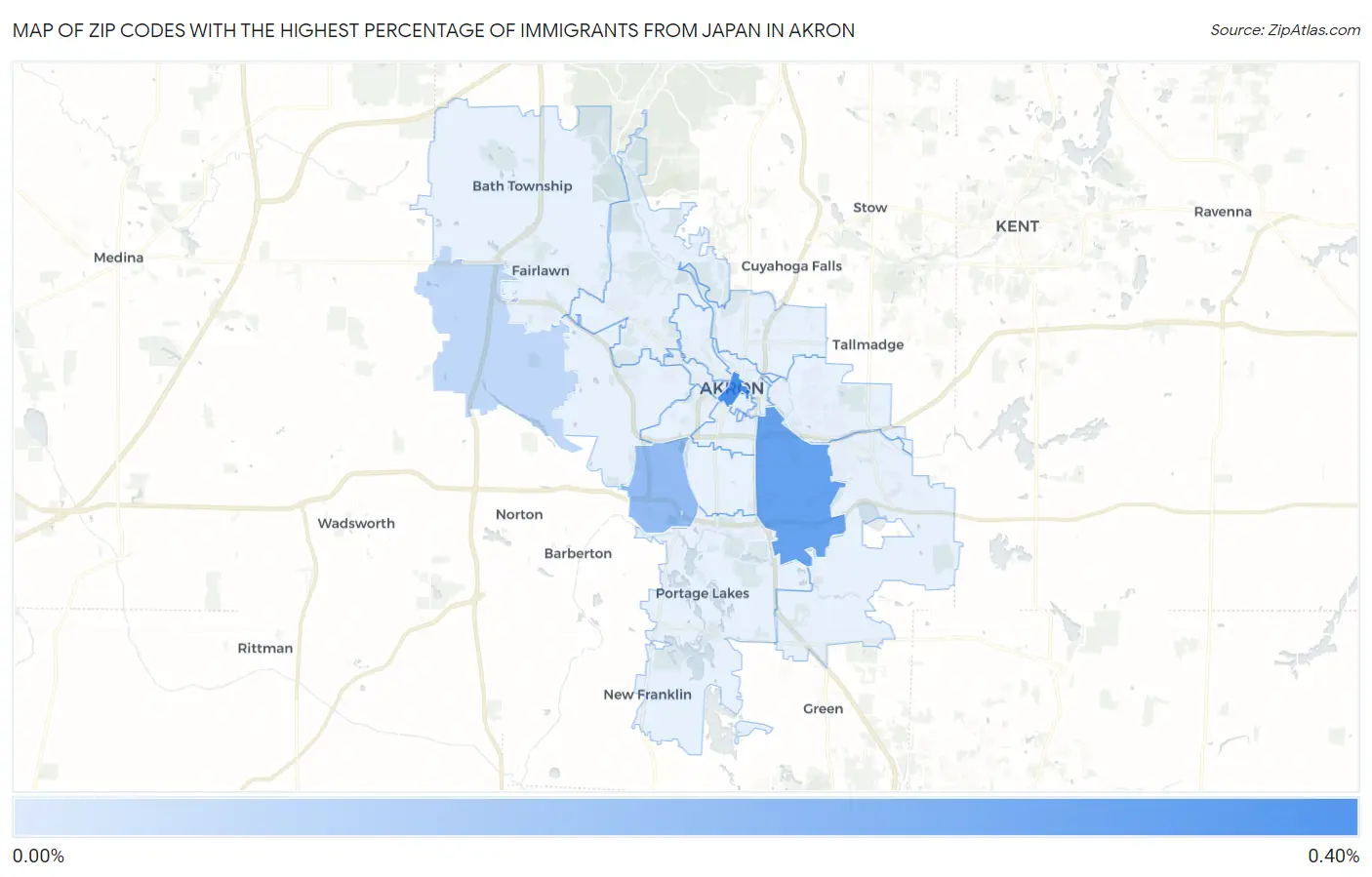 Zip Codes with the Highest Percentage of Immigrants from Japan in Akron Map