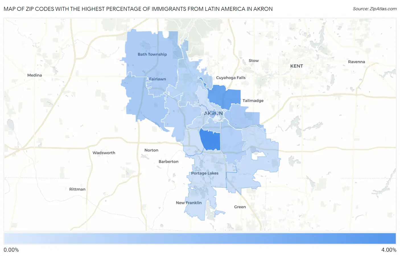 Zip Codes with the Highest Percentage of Immigrants from Latin America in Akron Map
