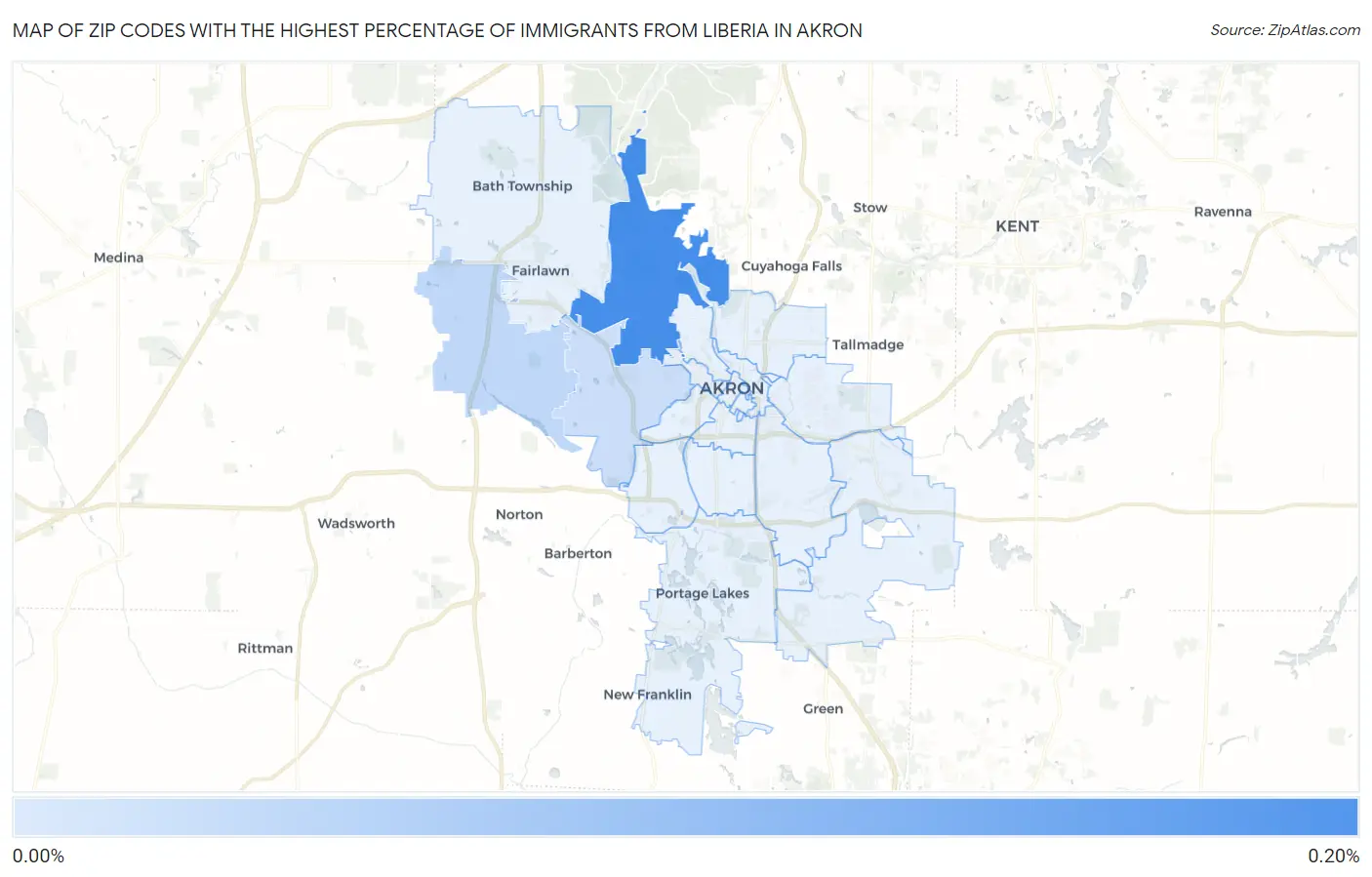 Zip Codes with the Highest Percentage of Immigrants from Liberia in Akron Map
