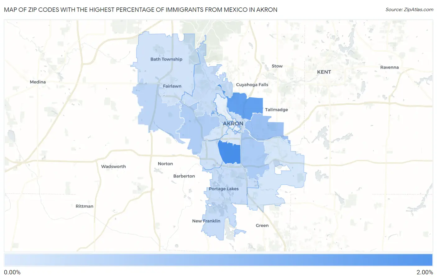 Zip Codes with the Highest Percentage of Immigrants from Mexico in Akron Map
