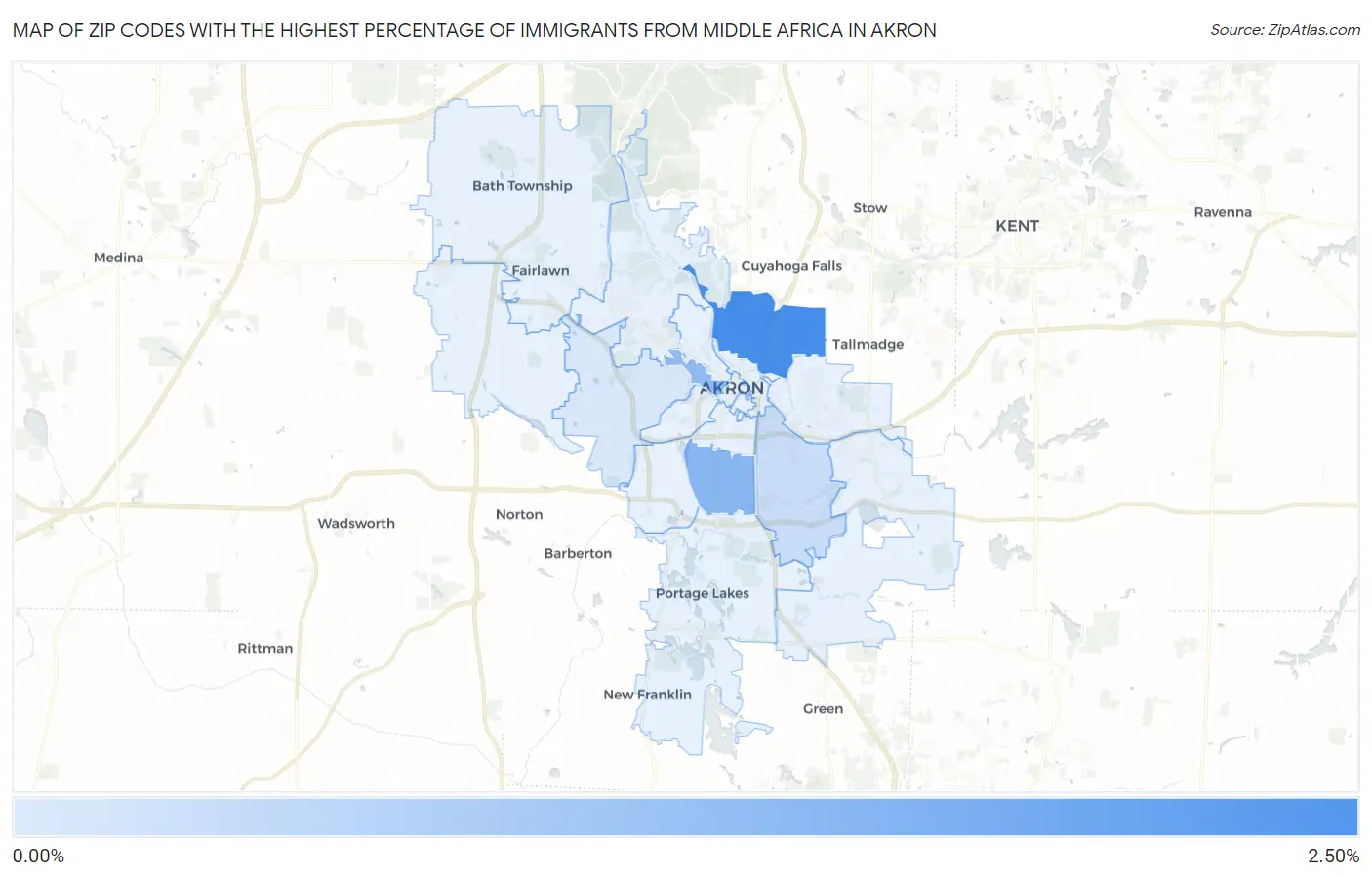Zip Codes with the Highest Percentage of Immigrants from Middle Africa in Akron Map