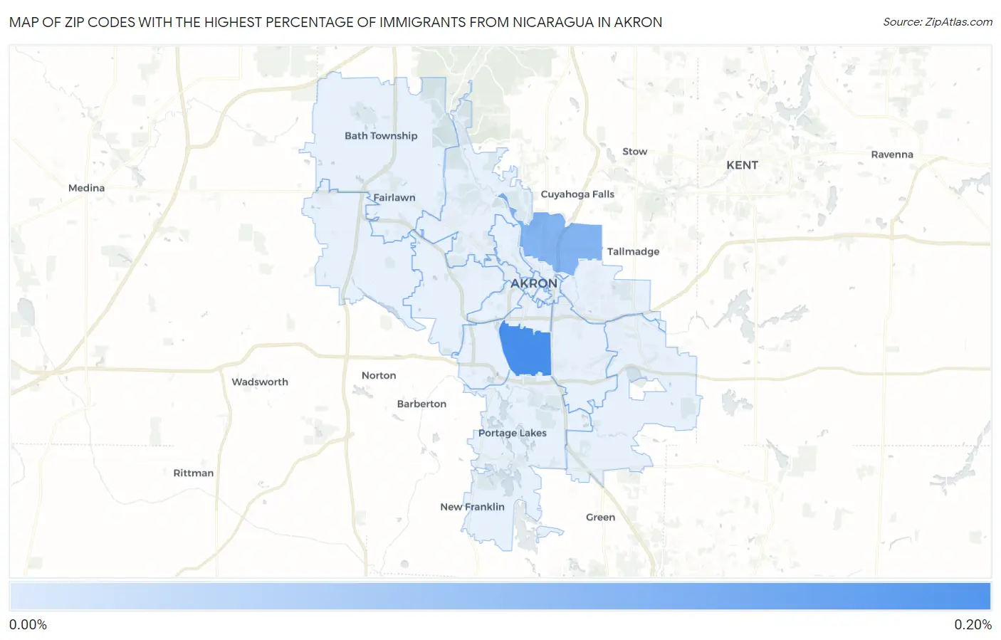 Zip Codes with the Highest Percentage of Immigrants from Nicaragua in Akron Map