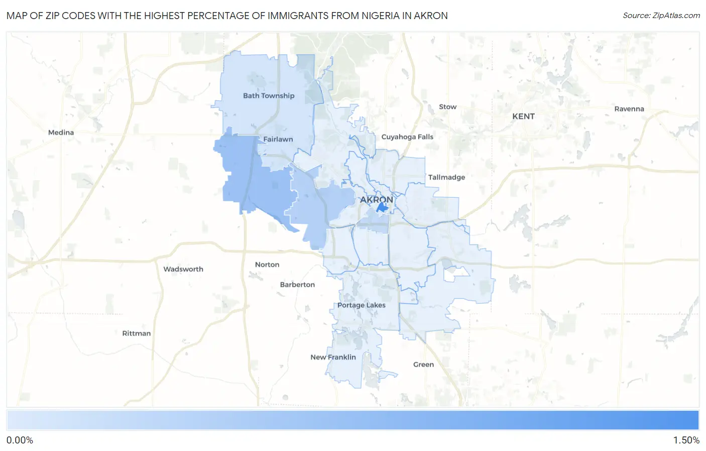 Zip Codes with the Highest Percentage of Immigrants from Nigeria in Akron Map
