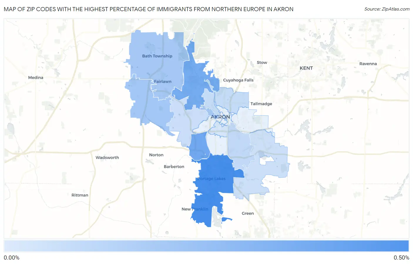 Zip Codes with the Highest Percentage of Immigrants from Northern Europe in Akron Map