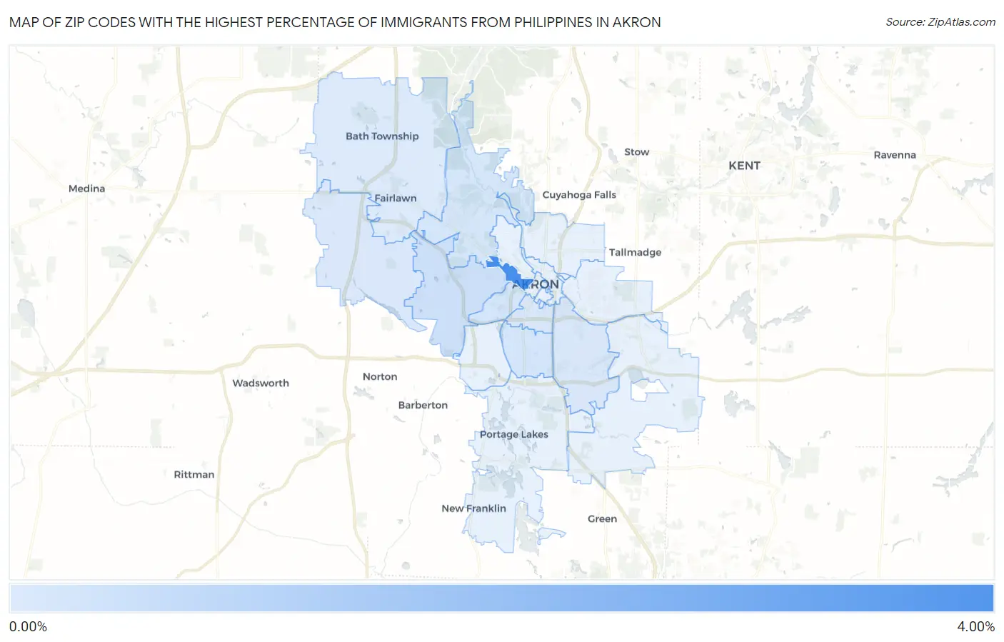 Zip Codes with the Highest Percentage of Immigrants from Philippines in Akron Map