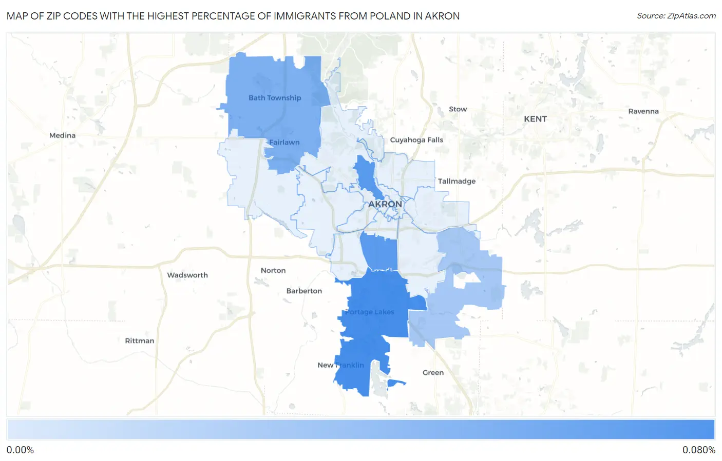 Zip Codes with the Highest Percentage of Immigrants from Poland in Akron Map