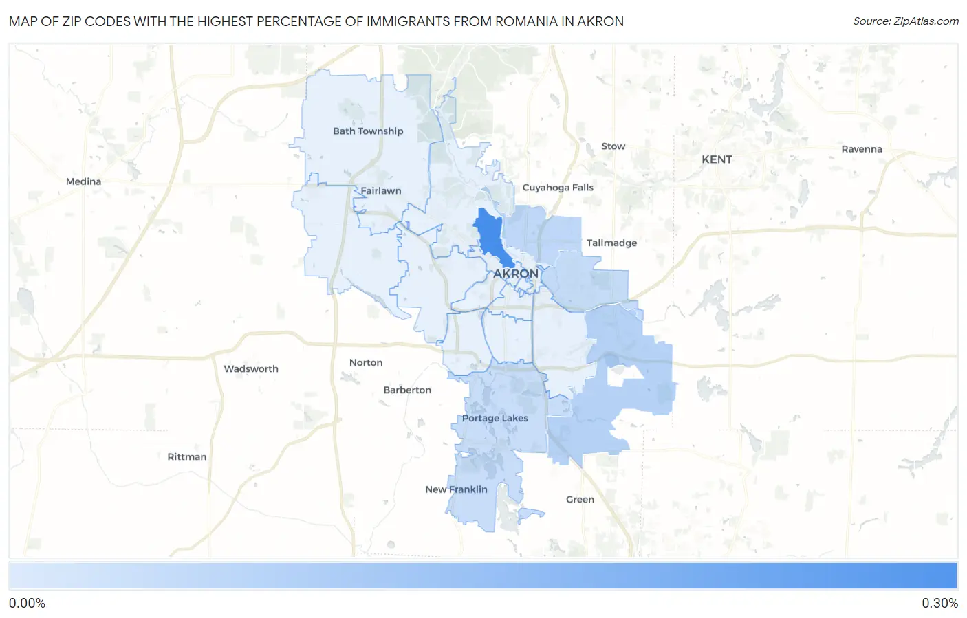 Zip Codes with the Highest Percentage of Immigrants from Romania in Akron Map