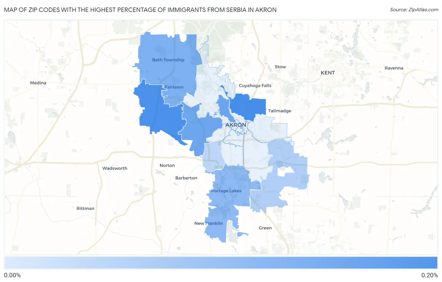 Zip Codes with the Highest Percentage of Immigrants from Serbia in Akron Map
