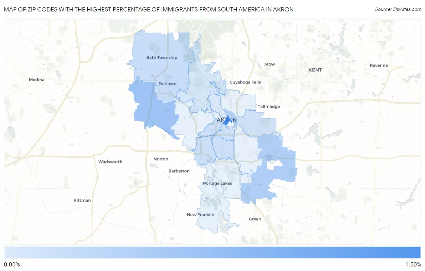 Zip Codes with the Highest Percentage of Immigrants from South America in Akron Map