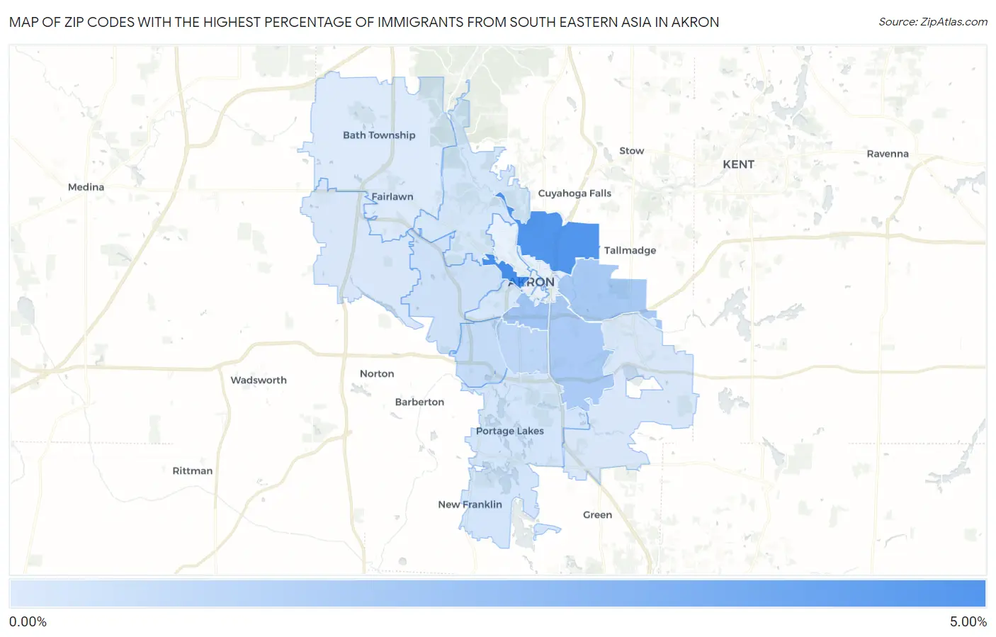 Zip Codes with the Highest Percentage of Immigrants from South Eastern Asia in Akron Map